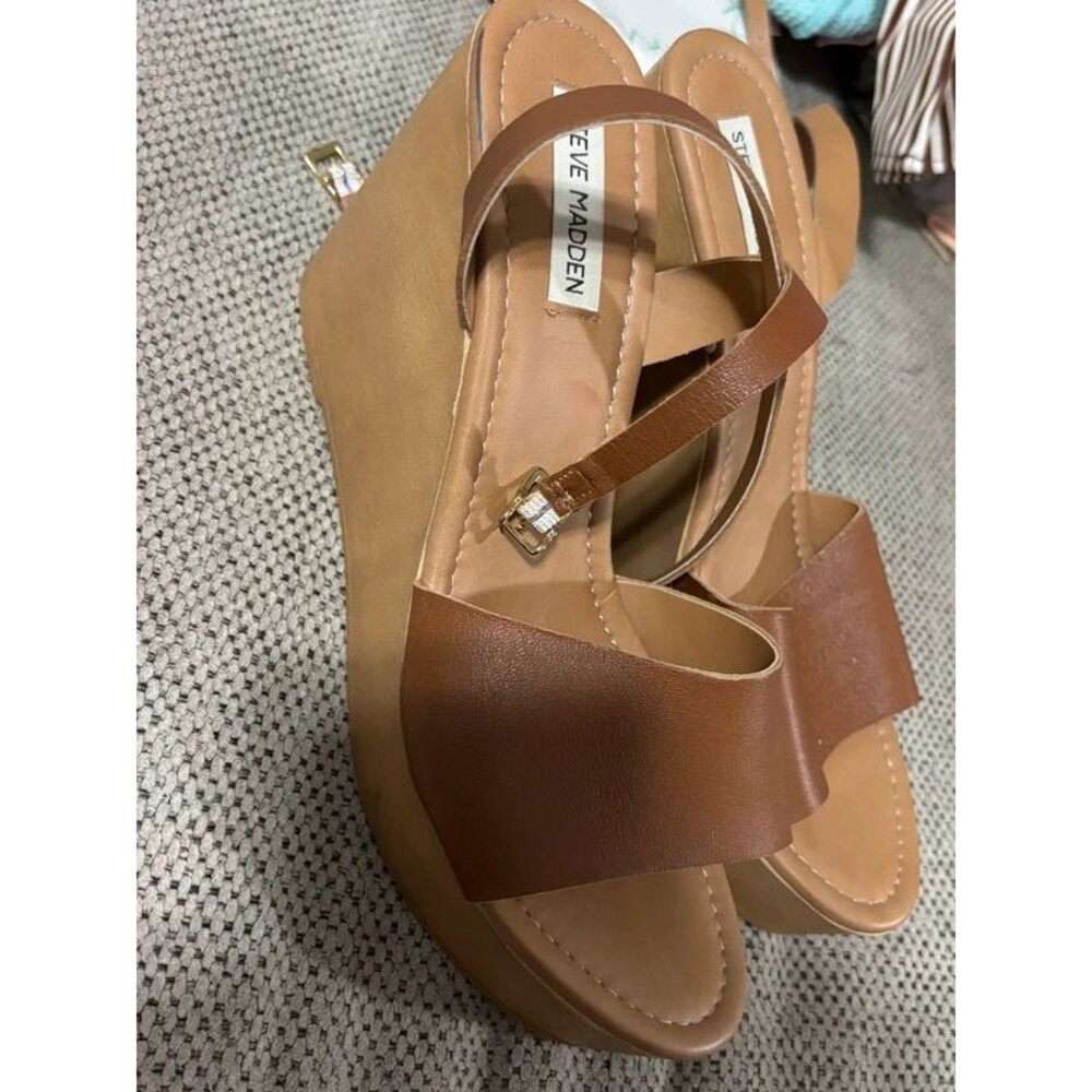 Steve Madden Brown Cognac Platform Wedge Sandals Ankle Strap Size 11